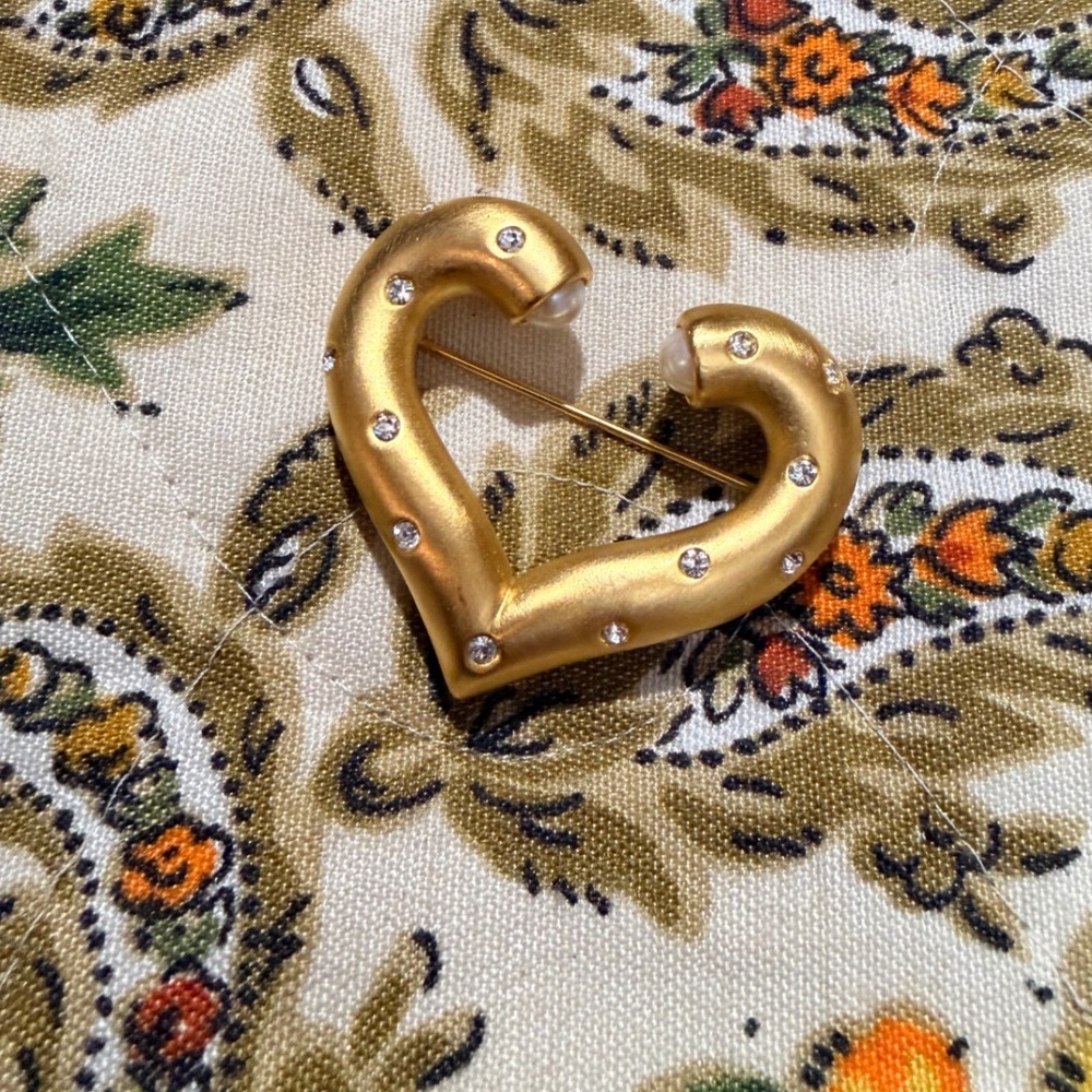 Vintage Givenchy Heart Brooch Matte Gold Tone Crystal Faux Pearl Designer Pin